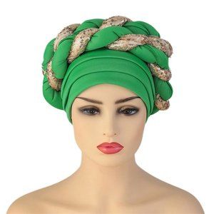 Green BeanieTurban Headband Braided Cap For Everyday Use or Parties